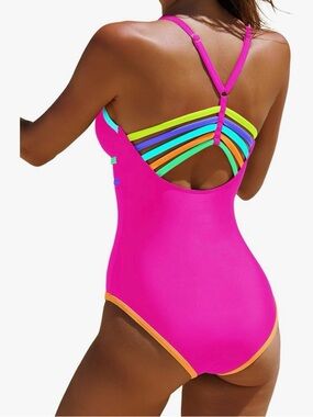 Popvil Women One Piece Swimsuit Neon Color Block Strappy Slimming Hot Pink S NWT